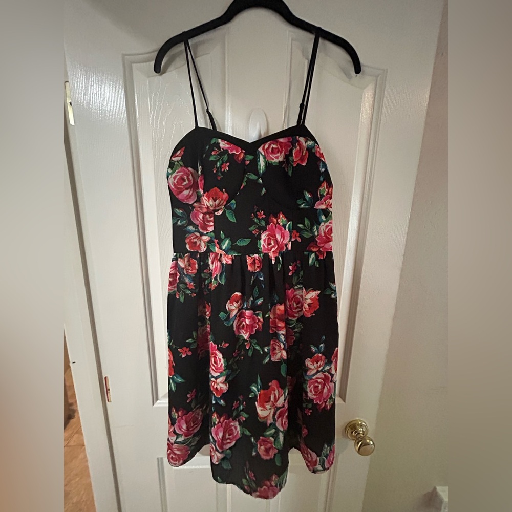 Xhilaration Black Mini Dress with Pink Floral Print